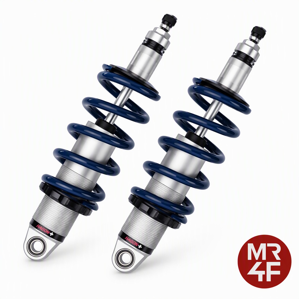 Pair of silver Corvette shock absorbers with blue coil springs on white background, MR4F logo. Sold by Motorsport Racing 4 Fun AB